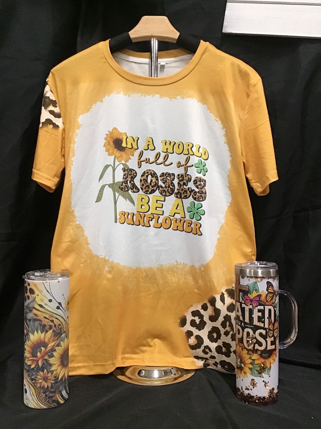 Sunflower and Leopard print Yellow Tshirt, Size: S