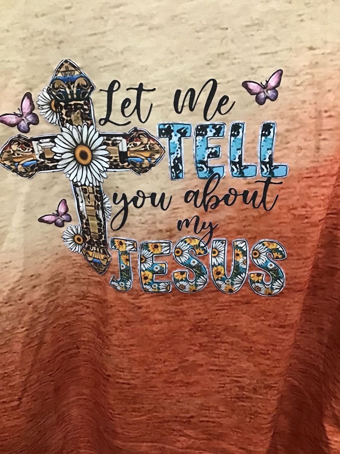 Orange Two-Tone Long Sleeve Christian Shirt, Size: S, Design: Let me tell you about my Jesus