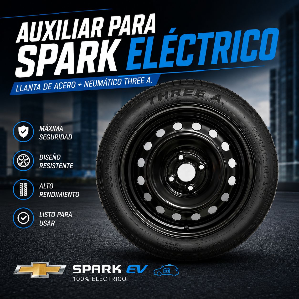 Auxiliar completa para Spark EV R16 + Llanta de Chapa