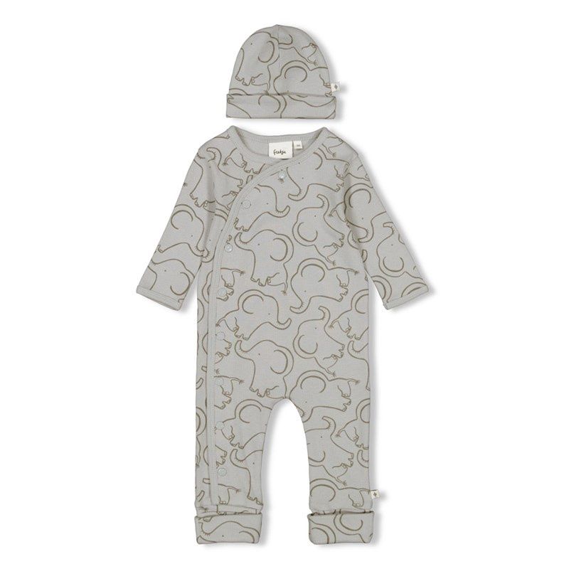 Feetje - Geschenkset 1-delig pak + muts AOP Licht Grijs Olifantjes