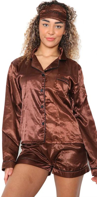 Brown Satin Pyjama Set With Sleeping Mask