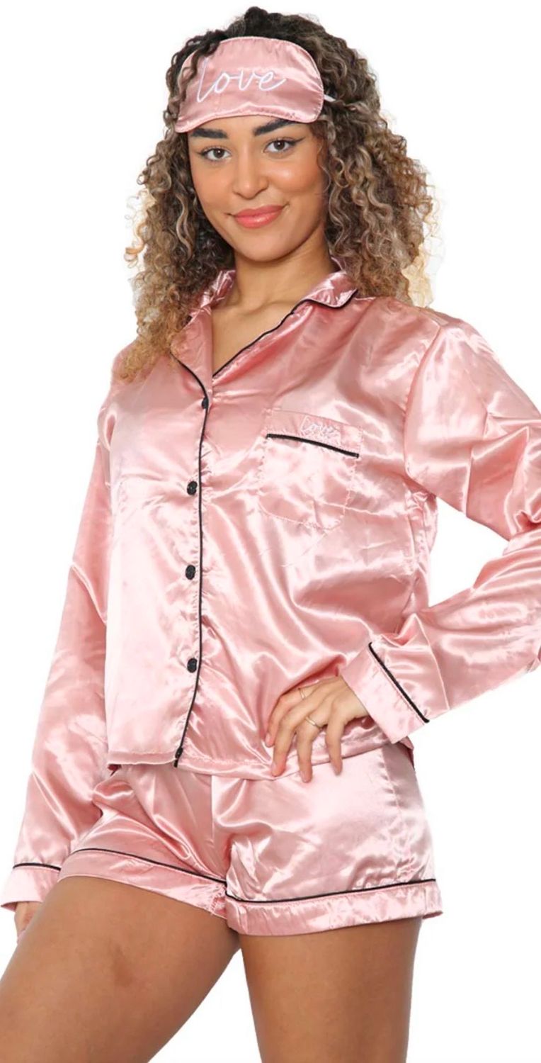 Pink Satin Pyjama With Sleeping Mask