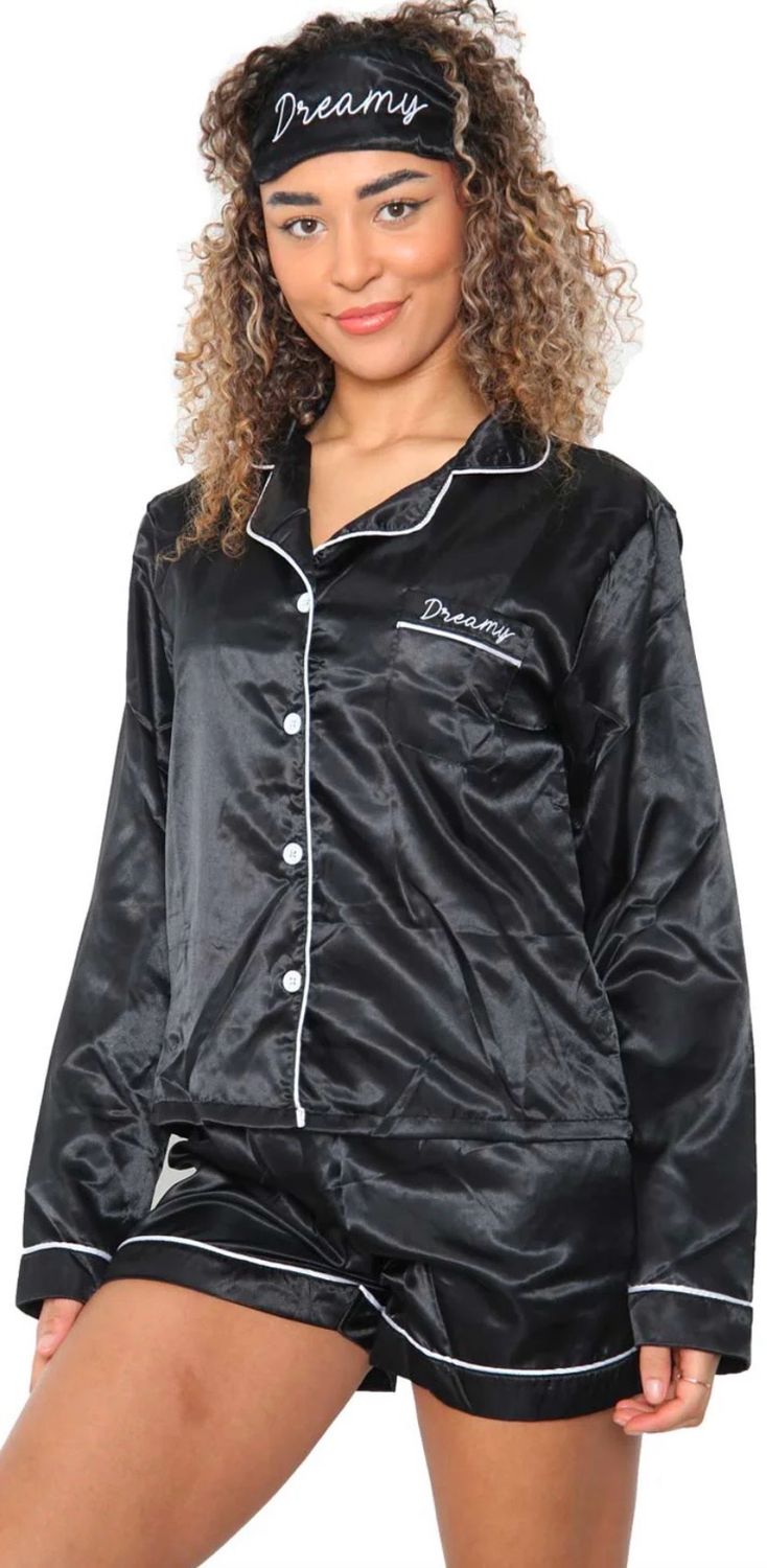 Black Satin Pyjama With Sleeping Mask