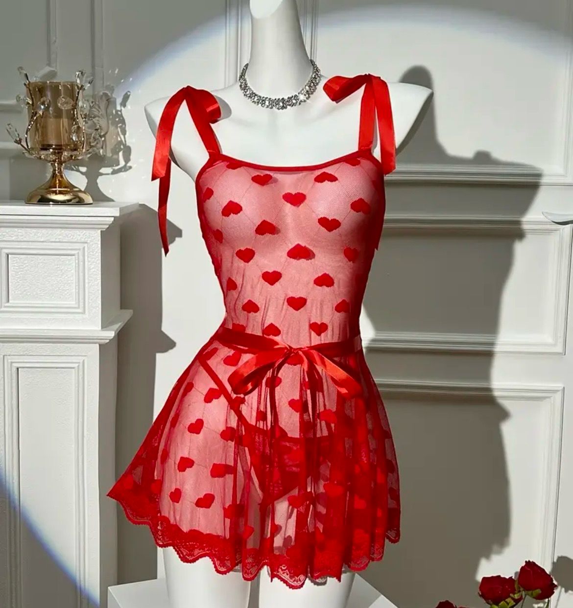 Red Night Lace Set With Hearts