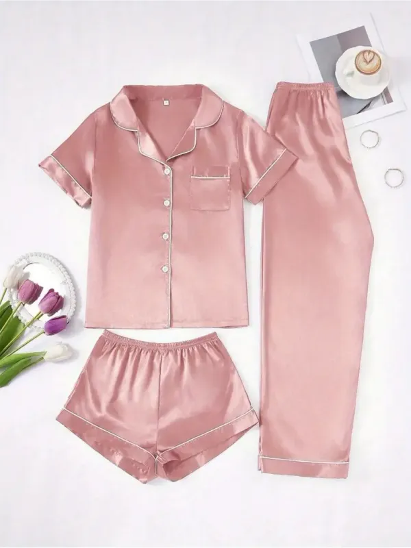 Pink 3 Pieces Satin Pyjamas Set