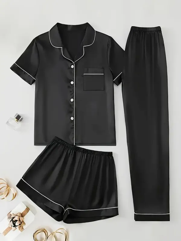Black 3 Pieces Satin Pyjamas Set