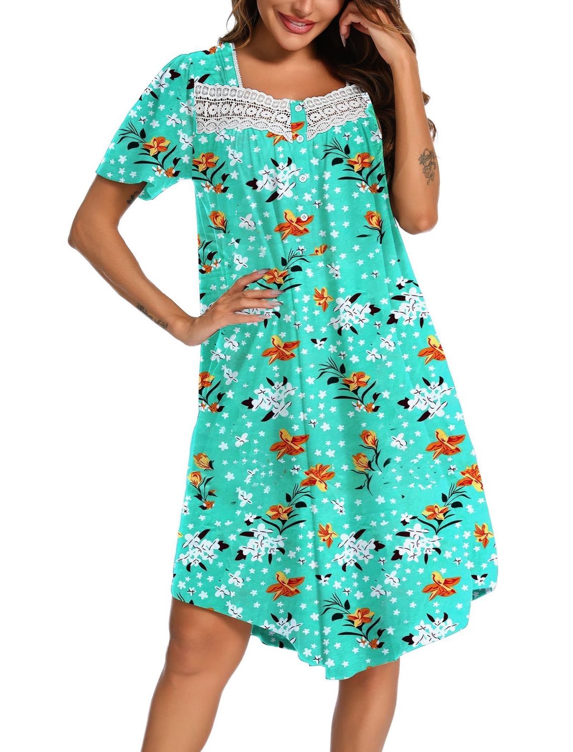 Cotton Green Nightdress With Buttons