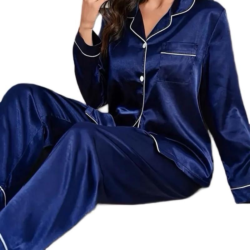 Navy Long Sleeve Satin Pyjamas Set Plus Size