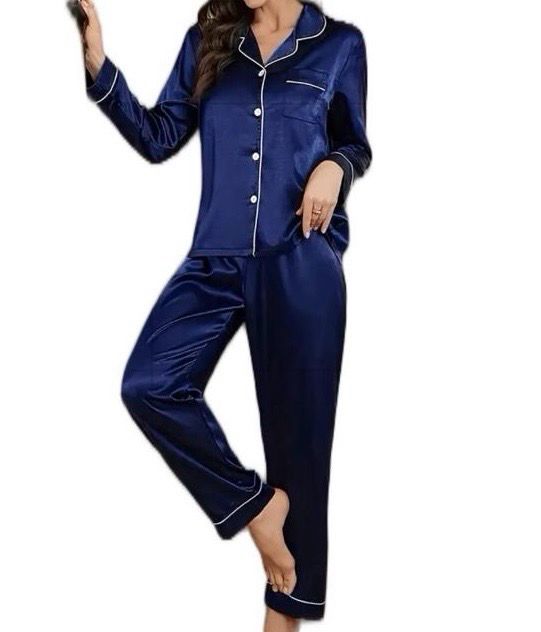Navy Long Sleeve Satin Pyjamas Set Plus Size