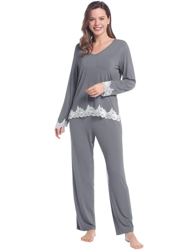 Grey Lace Trim Pyjamas Set