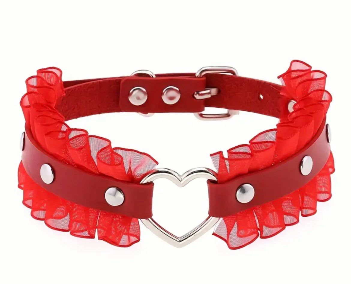 Red Leather Choker With Frill