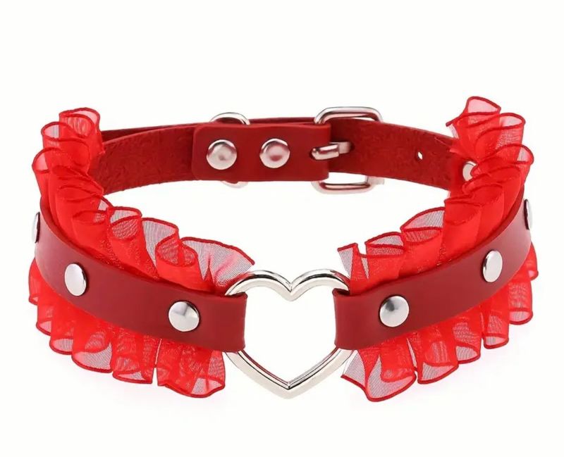 Red Leather Choker With Frill