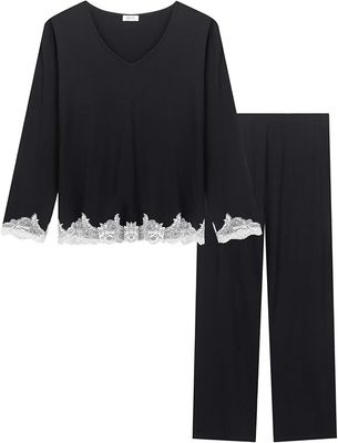 Black Lace Trim Pyjamas Set