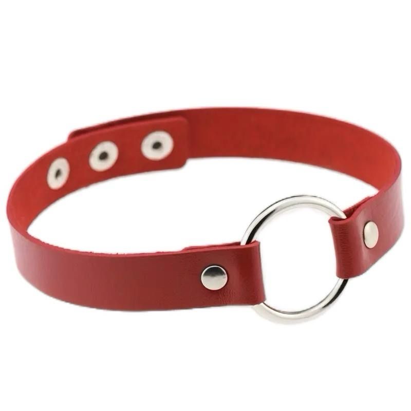Red Leather Choker With Ring