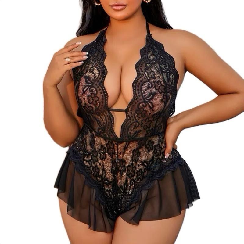 Sexy Lace Bodysuit Plus Size Black