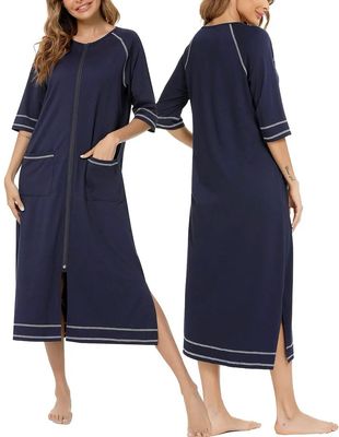 Navy Zip Front Dressing Gown 3/4