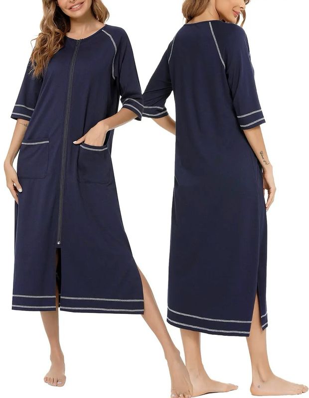 Navy Zip Front Dressing Gown 3/4