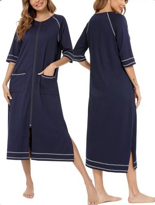 Navy Zip Front Dressing Gown 3/4
