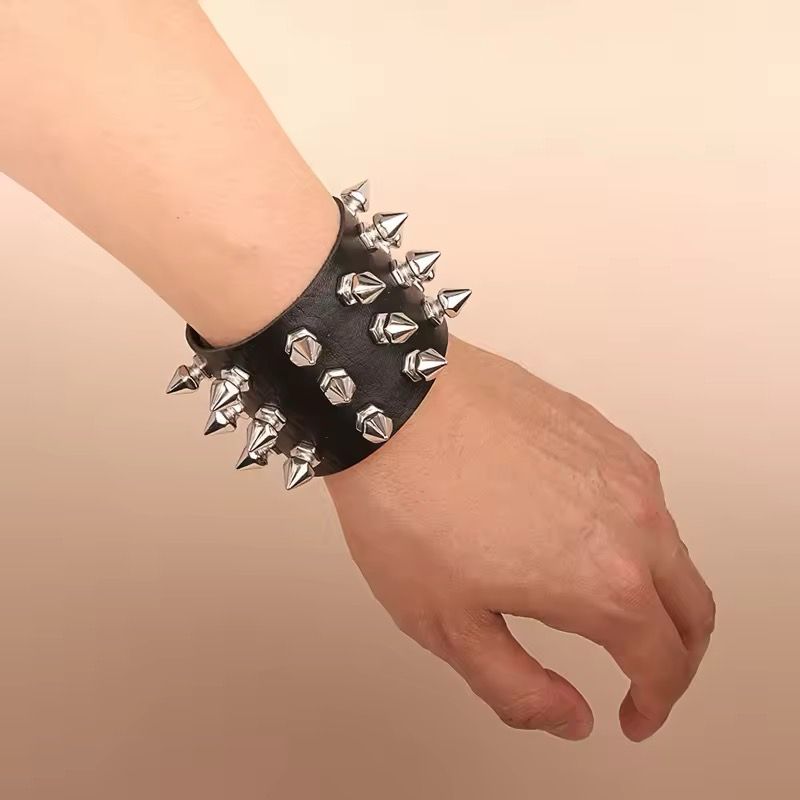 Extra Wide Leather Bracelet With Spikes