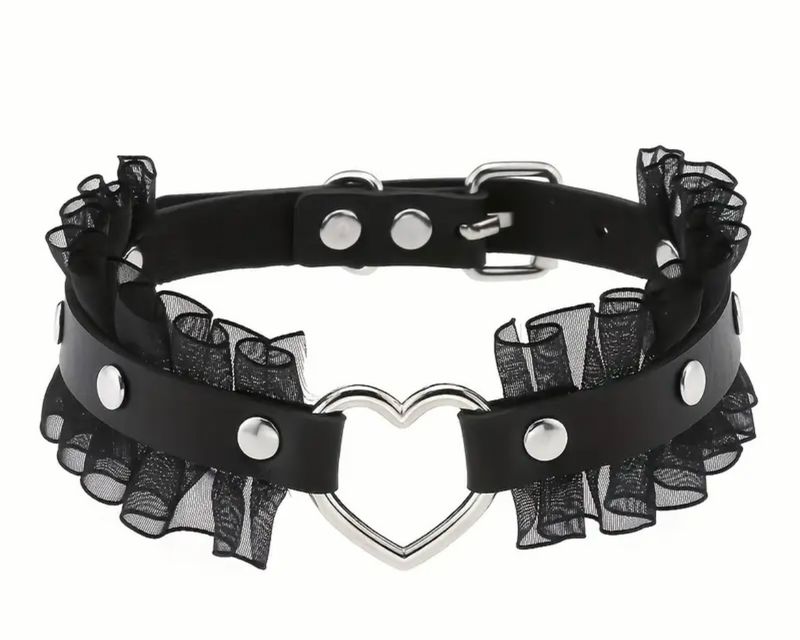 Leather Choker With Frill Black
