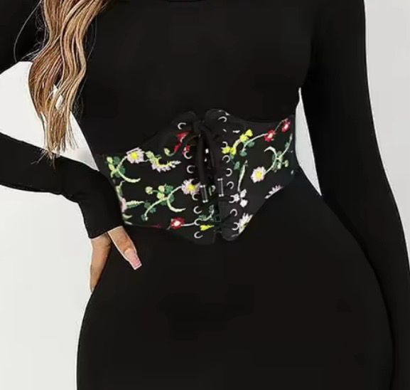 PU Leather Embroidered Corset Elastic Belt