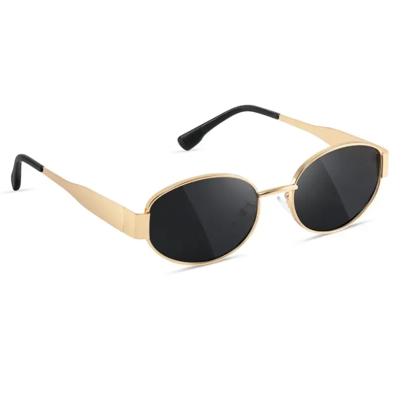 Polarised Gold Metal Retro Oval Sunglasses UV