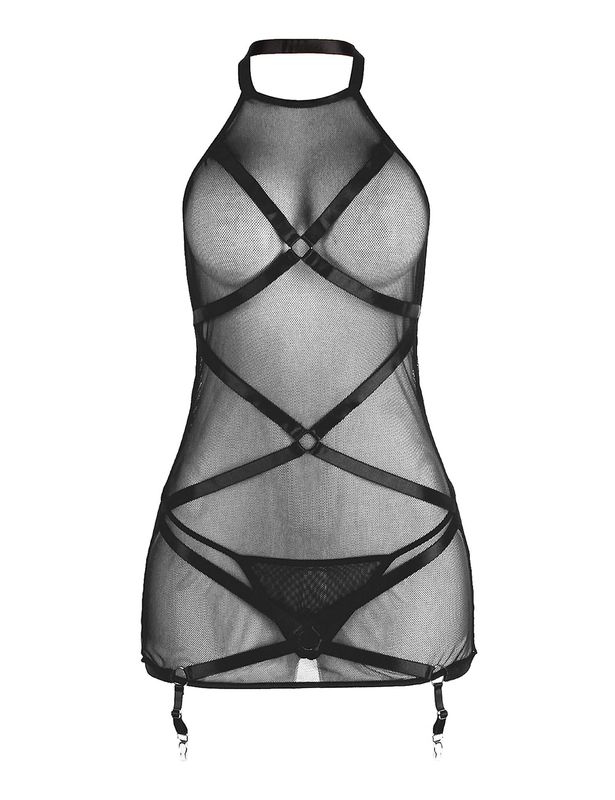 Mesh Bodystocking  with Thigh Garter Black