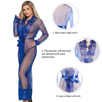 Sexy Long Mesh And Lace Robe Blue Plus Size