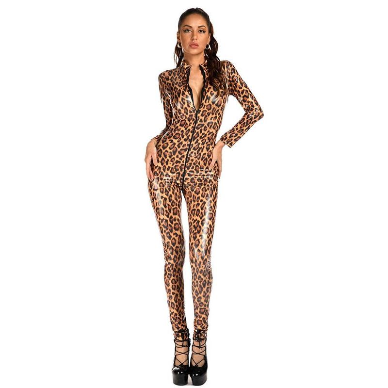 Faux Leather Full Bodysuit Leopard Print