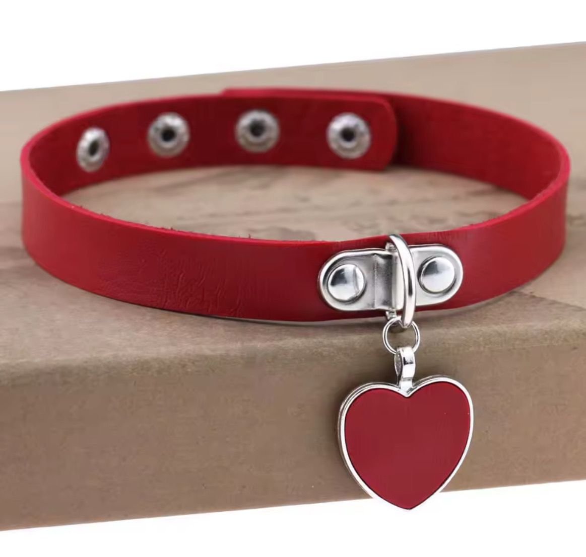 Leather Choker With Heart Red