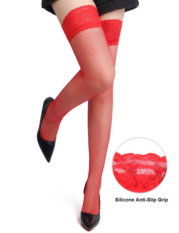 Fishnet Stockings Silicone Straps Red