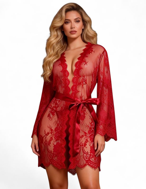Short Sexy Lace Robe Red Set