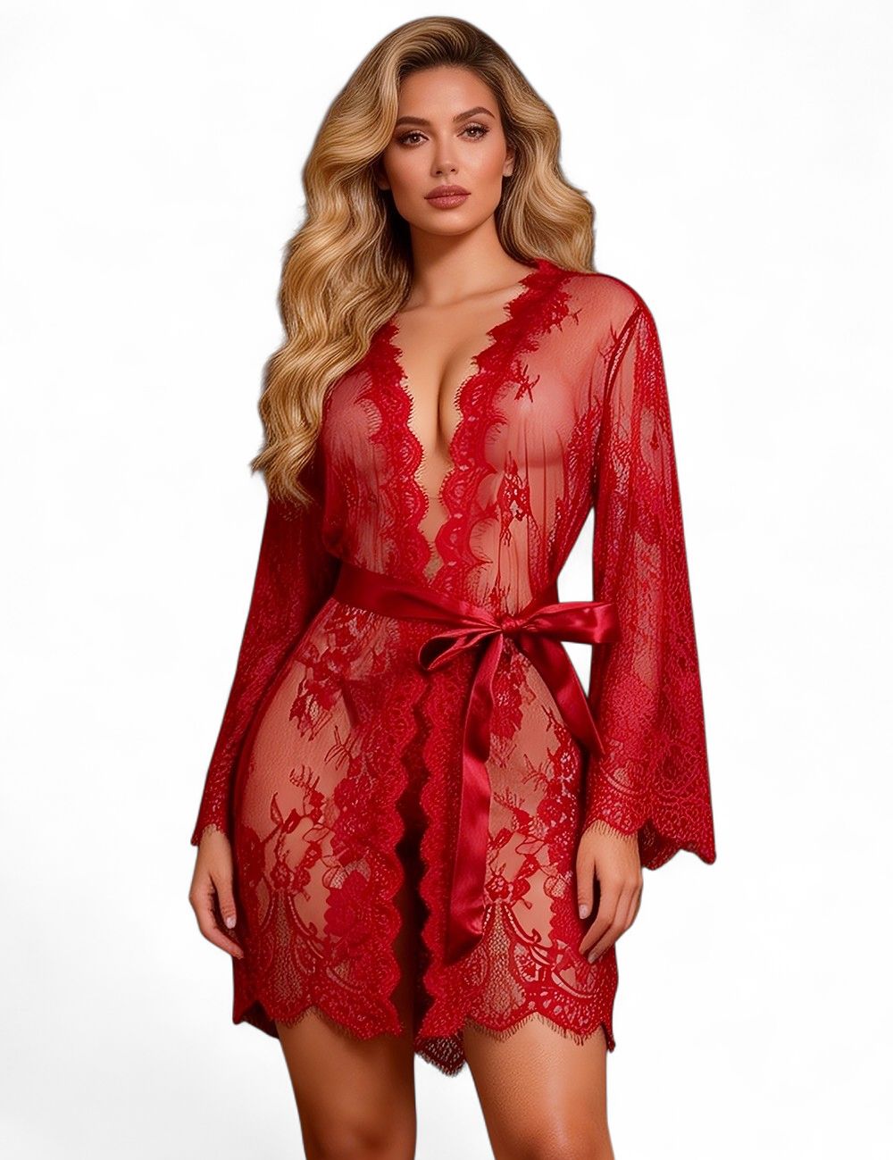 Short Sexy Lace Robe Red Set