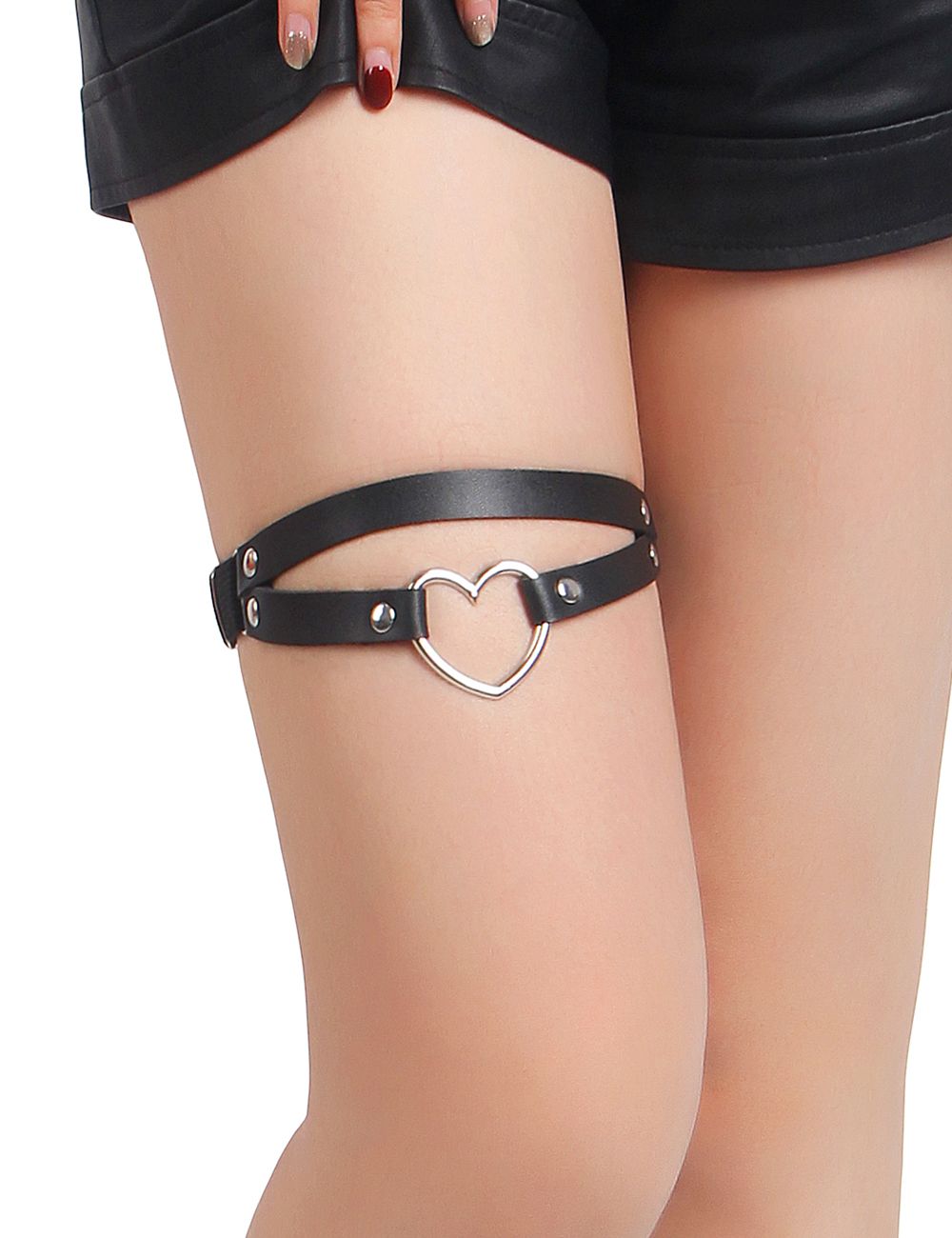 Double Leather Garter With Heart Black
