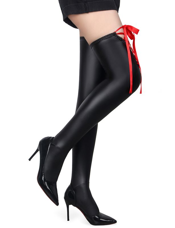 PU Leather Elastic Stockings With Ribbon Black