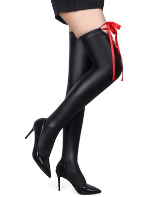 PU Leather Elastic Stockings With Ribbon Black