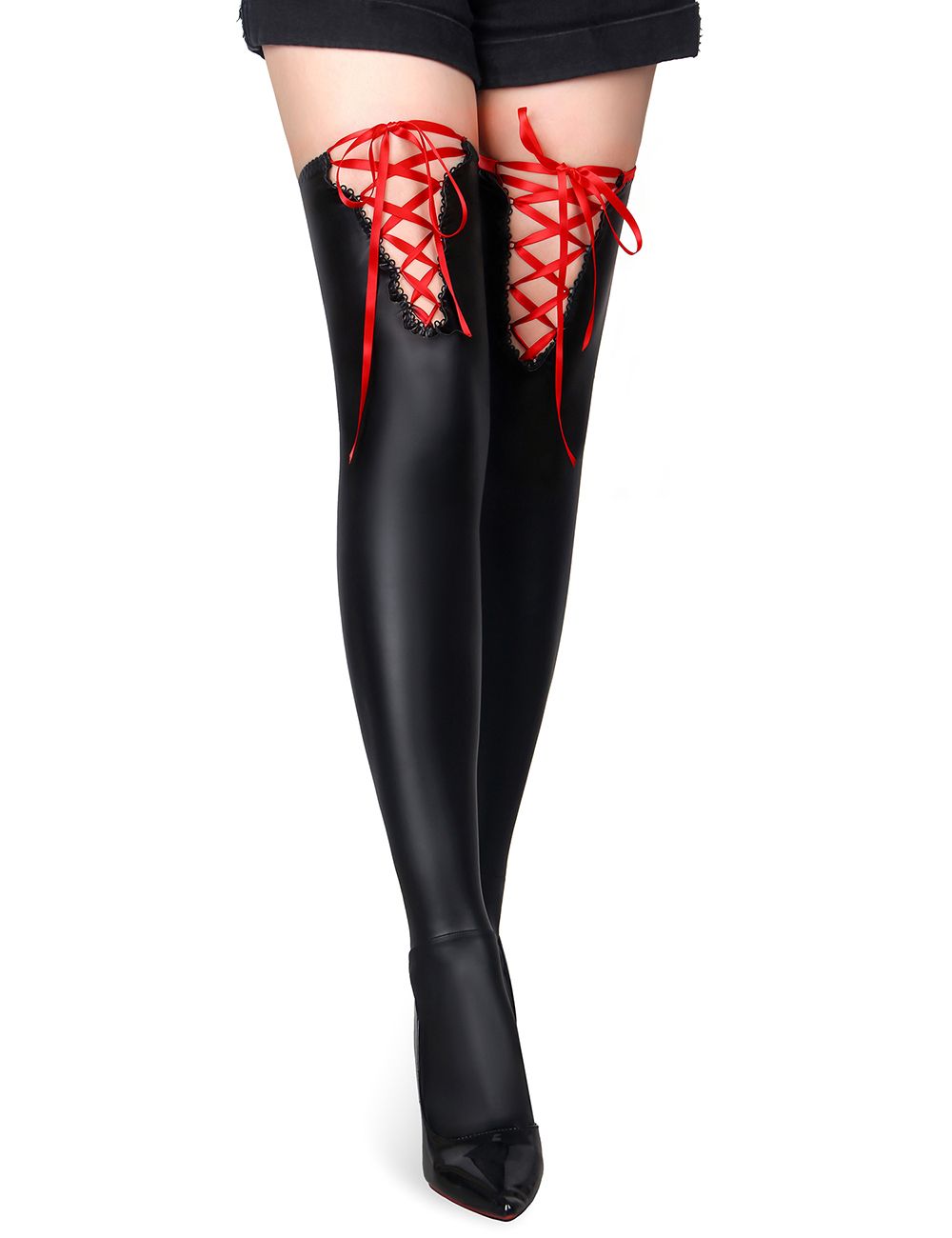 PU Leather Elastic Stockings With Ribbon Black