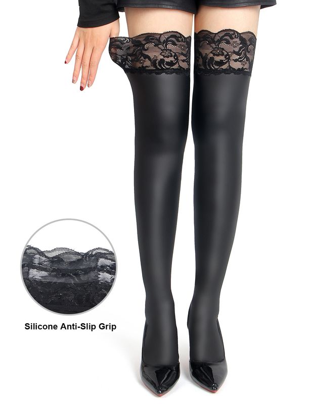PU Leather Elastic Stockings With Silicone Straps Black