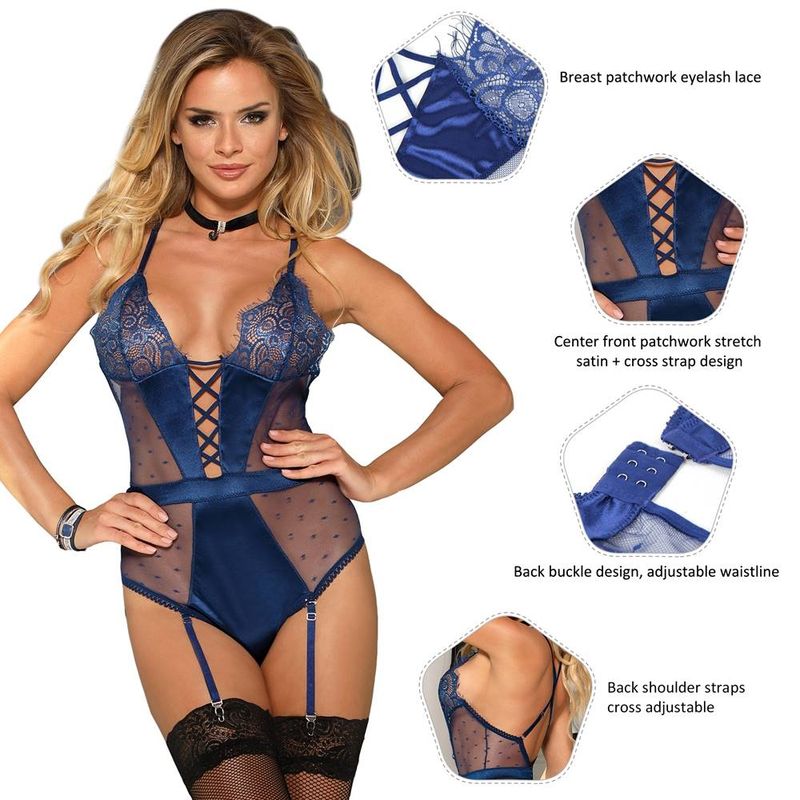 Satin Lace Bodysuit Blue