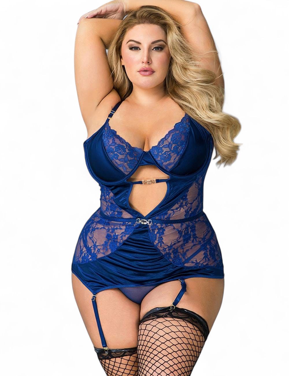 Lace Gartered Lingerie With Underwire Blue