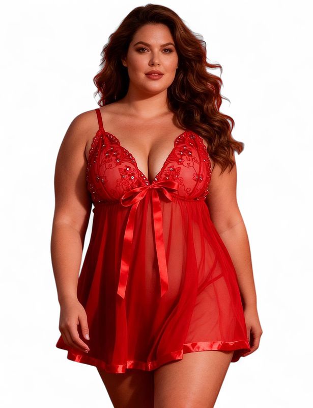 Sexy Rhinestone Babydoll Dark Red