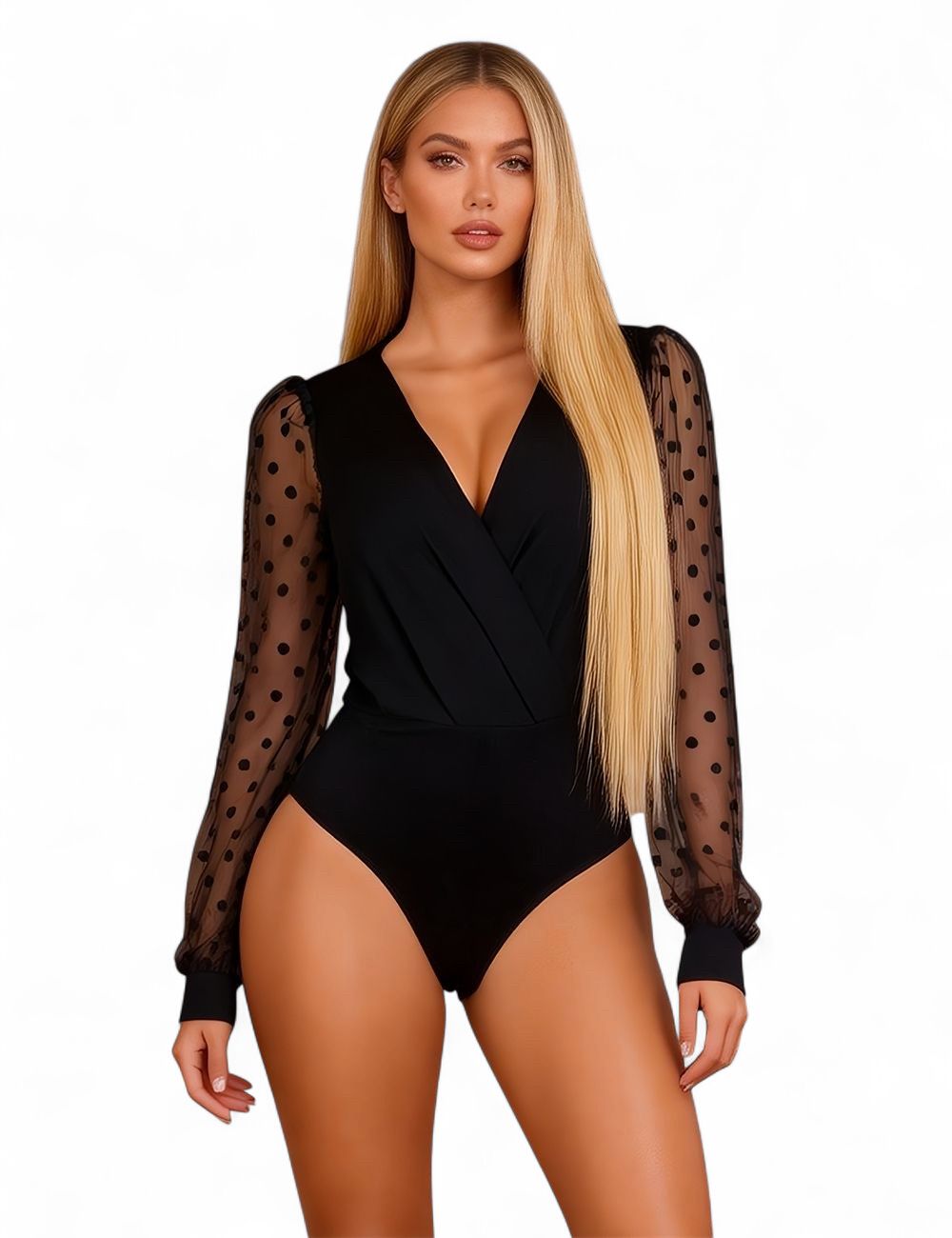 Sexy Deep V Neck Polka Dot Mesh Long Sleeves Bodysuit Black