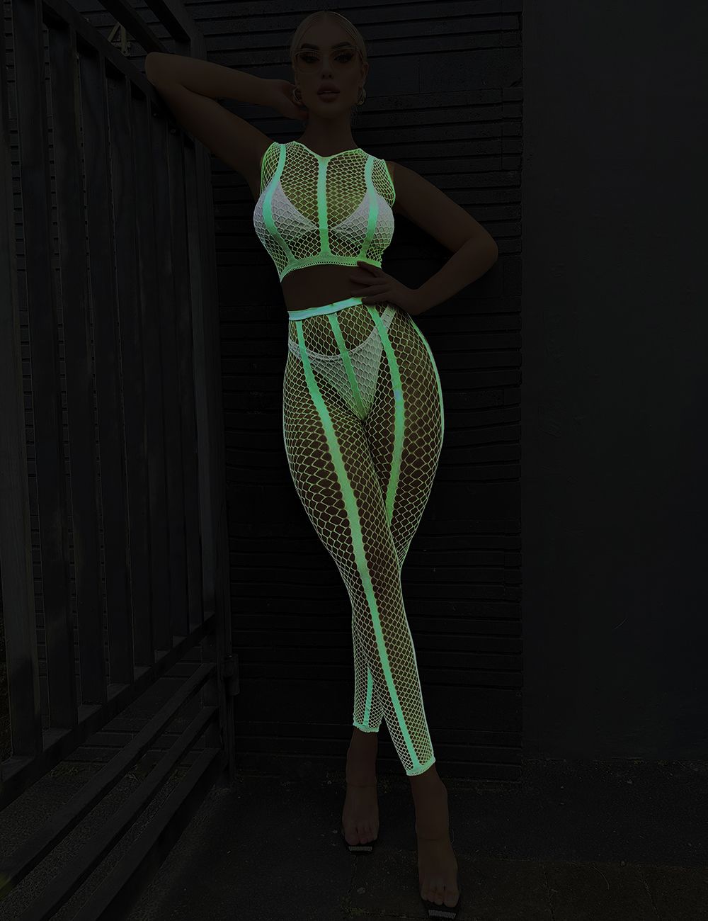 Glow in Dark Sexy Luminous Sleeveless Two Pieces Bodystocking
