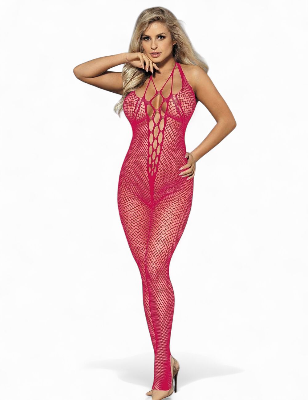 Halter Sexy Neck Open Pink Netted Bodystocking