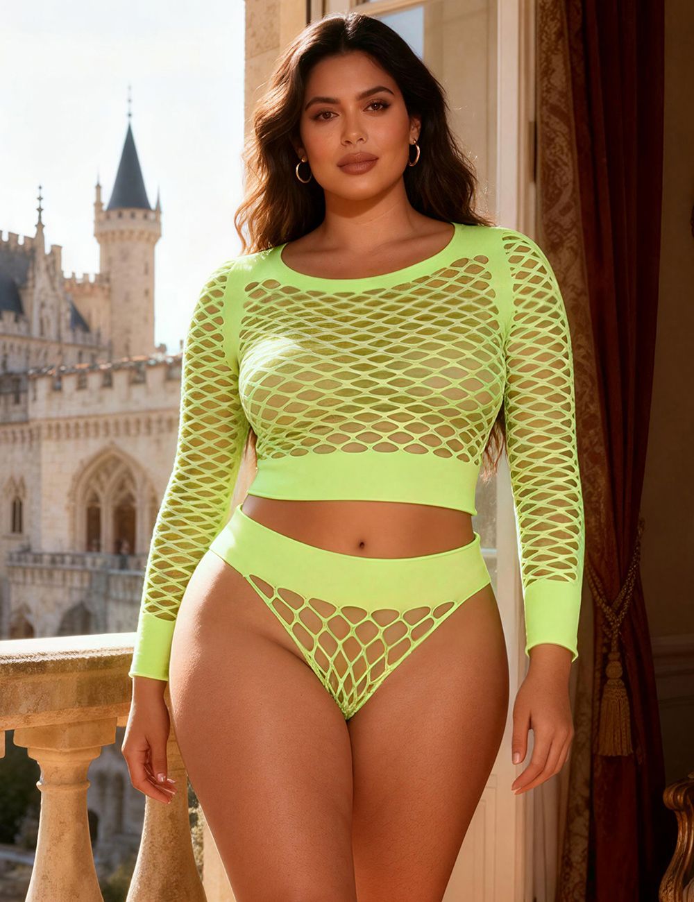 Green Long Sleeve Two-Piece Bodystocking With Fishnet Crop Top And Bottom
