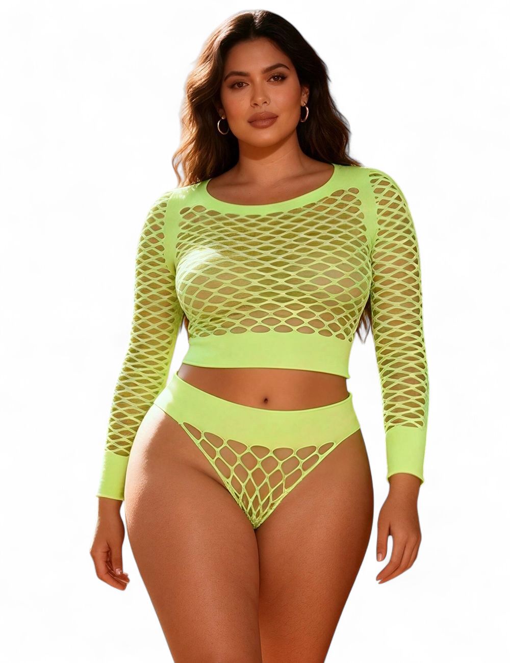 Green Long Sleeve Two-Piece Bodystocking With Fishnet Crop Top And Bottom