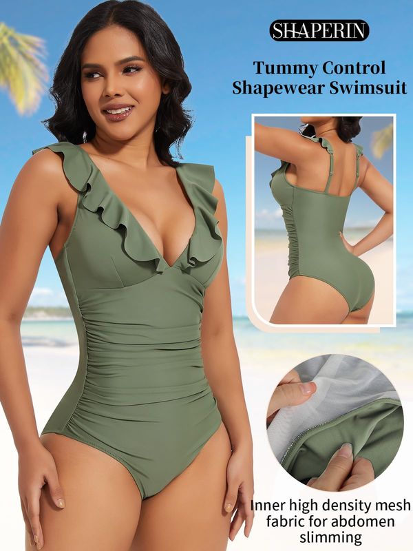 Tummy Control One Piece Swimsuit V Neck Green