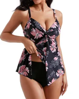 Tummy Control Tankini Set 2 Piece Floral Black