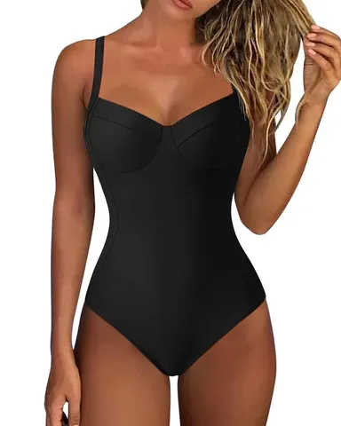 One Piece Swimsuit Push Up Tummy Control V Neck Crisscross Back Black
