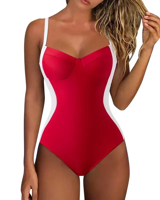 One Piece Swimsuit Push Up Tummy Control V Neck Crisscross Back Red